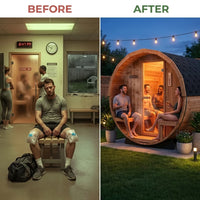 6-Person Patchworkred Cedar Traditional Steam Barrel Sauna — Before & After