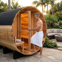 6-Person Patchworkred Cedar Traditional Steam Barrel Sauna — Lifestyle