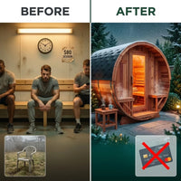 Traditional Steam Sauna Built for Year-Round Use, 6-Person Cedar Barrel Design, 6000W Heater, Outdoor Ready — Before & After