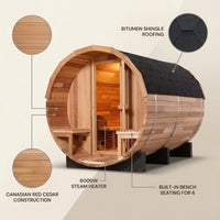 Traditional Steam Sauna Built for Year-Round Use, 6-Person Cedar Barrel Design, 6000W Heater, Outdoor Ready — infographic