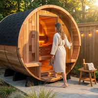 Traditional Steam Sauna Built for Year-Round Use, 6-Person Cedar Barrel Design, 6000W Heater, Outdoor Ready — Lifestyle