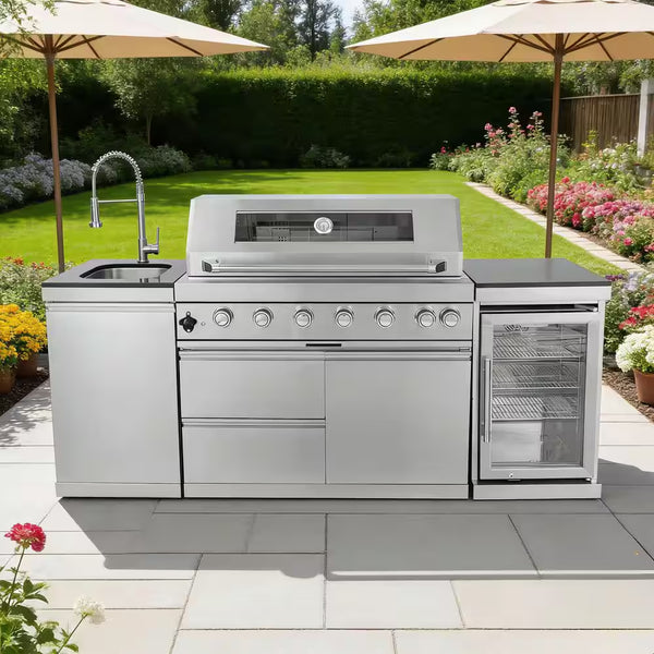 Outdoor Grill Island Built for Entertaining, 6 Burners, 85000 BTU, Refrigerator, Granite Countertops