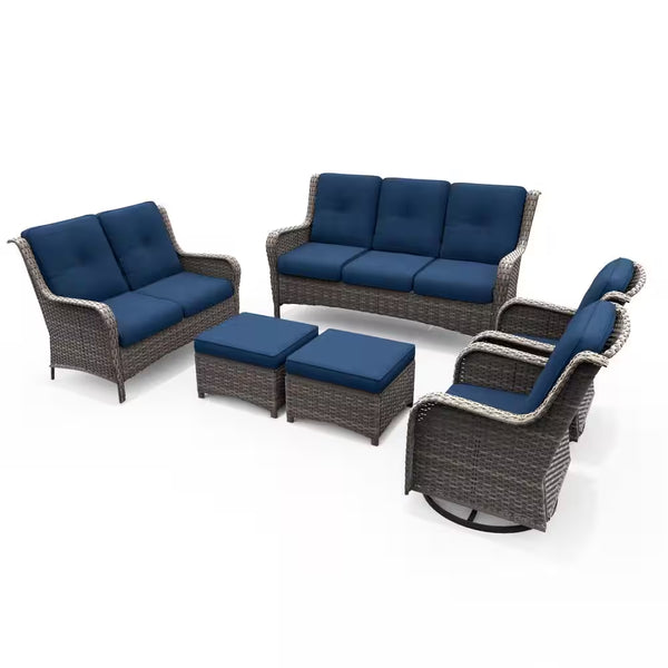 Patio Conversation Set Built for Comfort, Steel Frame, Swivel Rockers, High-Density Cushions, Blue Fabric