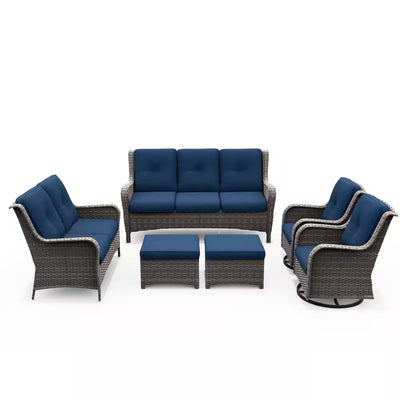 Patio Conversation Set Built for Comfort, Steel Frame, Swivel Rockers, High-Density Cushions, Blue Fabric