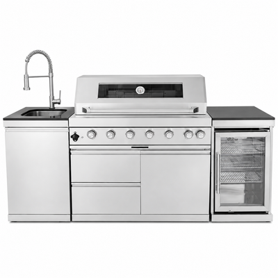 Outdoor Grill Island Built for Entertaining, 6 Burners, 85000 BTU, Refrigerator, Granite Countertops