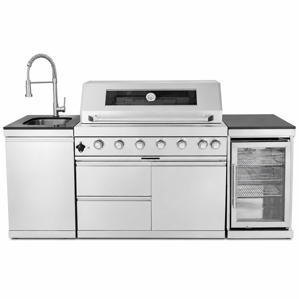 Outdoor Grill Island Built for Entertaining, 6 Burners, 85000 BTU, Refrigerator, Granite Countertops